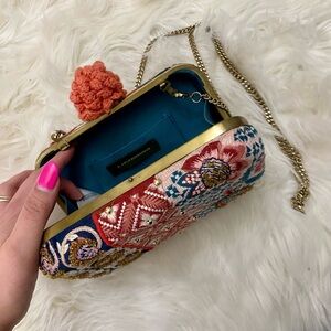 ANTHROPOLOGIE Embroidered Floral Clutch with Chain Strap